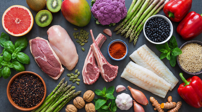 Balanced diet and healthy nutrition concept with fresh organic protein sources, fruits, and superfoods