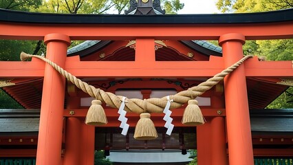 Traditional Japanese Torii Gate with Shimenawa Rope and Bells.