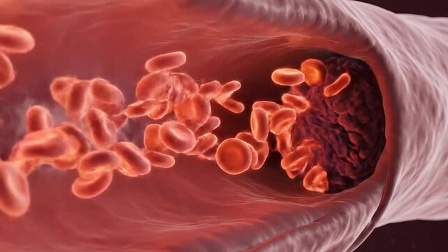 Medical Animation Of Blood Clot Forming Within Artery Surrounded By Red Blood Cells Close Up Detailed View