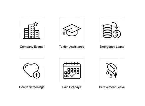Company Events Tuition Assistance Emergency Loans Health Screenings Paid Holidays Minimal Bold Icon Set