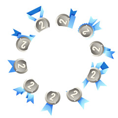 A circular arrangement of silver medals with the number two, surrounded by blue ribbons. The design symbolizes achievement and recognition in competitions.
