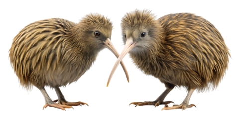 Two adorable brown kiwi birds with long beaks touching in a gentle embrace, isolated on a clean white background, showcasing their unique feathered texture and national pride.