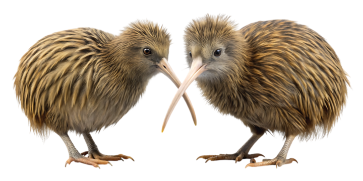 Two adorable brown kiwi birds with long beaks touching in a gentle embrace, isolated on a clean white background, showcasing their unique feathered texture and national pride.
