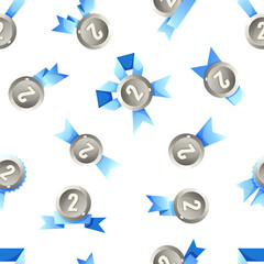 Seamless pattern of awards featuring silver medals and blue ribbons. The design includes various medal shapes and sizes, ideal for celebration themes.