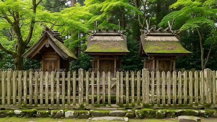 Tranquil Japanese Shrine Row Behind Wooden Fence.