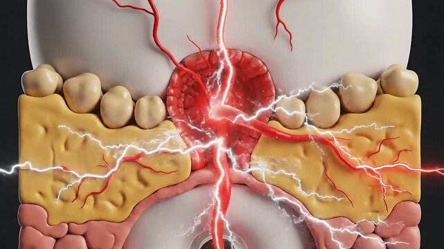 Medical Illustration Of A Brain Tumor With Red Pulsating Blood Vessels And Electrical Energy Surges Against A Black Background