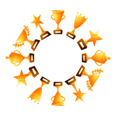 A circular wreath made of trophies in gold. The design features various trophy shapes and stars, symbolizing achievement and success.