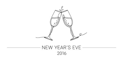 Fototapeta premium Continuous one line of a two glasses toasting, representing the global celebration of New Year's Eve 2016, celebration theme, hand drawn vector illustration.