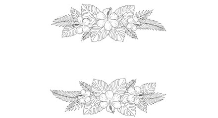Stylized black and white vector illustration of tropical flowers and leaves, arranged as a horizontal border or frame element, perfect for summer designs.