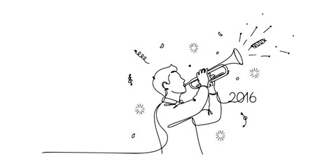 Continuous one line of a person blowing a trumpet, celebrating new year's eve 2016, celebration theme, hand drawn vector illustration.
