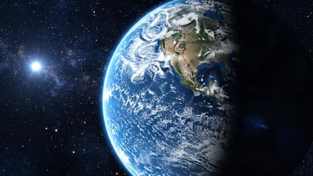 Realistic view of planet earth from space showing north america illuminated by a bright star in a dark starry sky