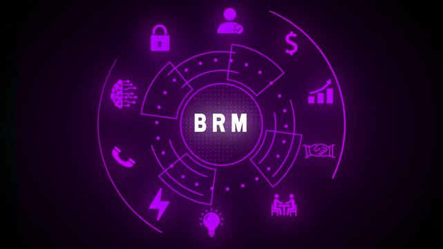 Futuristic digital interface with BRM acronym and icons for business and technology business relationship management