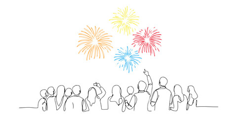 Continuous one line of a person looking at fireworks 2016, celebration theme, hand drawn vector illustration.
