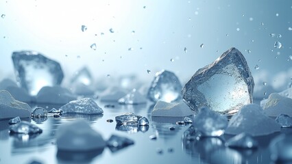 Dynamic close-up of sparkling ice cubes and crushed ice with refreshing water splashes on a reflective surface, creating a vivid and cool abstract background for refreshing concepts