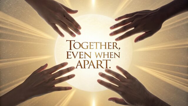 Flat lay of hands reaching towards central light outline