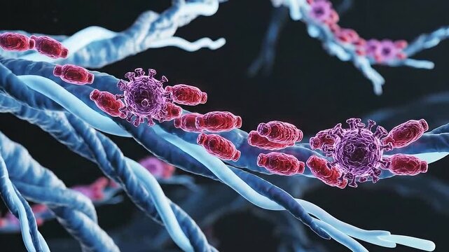 Medical Microscopic View Of Virus Cells Attacking Blood Cells On Nerve Fibers