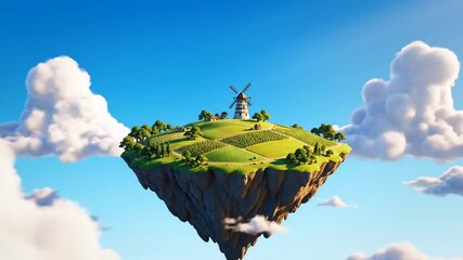 Floating island with lush greenery and a windmill under a bright blue sky - Powered by Adobe