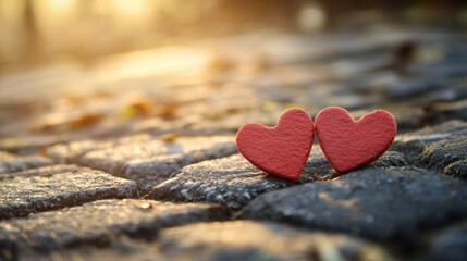Two red wooden hearts on a cobblestone path with a warm, golden sunset in the background.