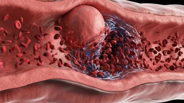 Medical Visualization Of A Blood Clot Forming Inside A Vein With Red Blood Cells Flowing In The Background Illuminated By Soft Light
