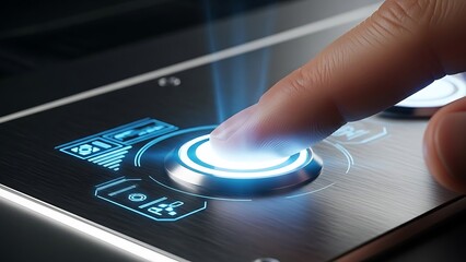 Human finger activates a circular glowing blue button on a dark console