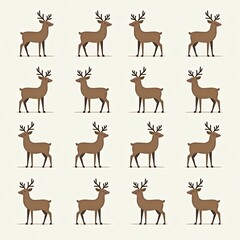 Fototapeta premium Brown deer silhouettes standing in various poses on beige background for Christmas holiday marketing campaign, festive seasonal pattern, wildlife illustration set for branding, web hero image