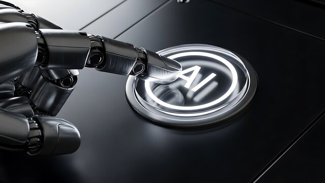 Metallic robot hand pushes the illuminated AI start button