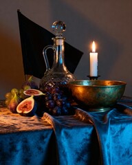 Still life with carafe figs and rich velvet drape
