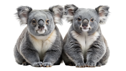 Two adorable koalas sitting side by side looking forward against a white background