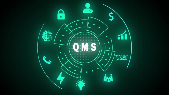 Futuristic cyan QMS acronym in a circular digital interface with icons Keywords: QMS, quality management system, acronym, technology, digital, interface, futuristic, technology, network, data - Powered by Adobe