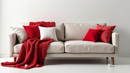Cozy beige sofa adorned with plush red and white pillows and a warm knitted blanket, perfect for a comfortable and inviting living room space evoking a sense of warmth and relaxation