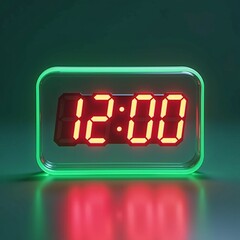 A futuristic digital clock with glowing green neon edges and bright red numbers showing 1200, symbolizing a midnight countdown to a New Year or Christmas party