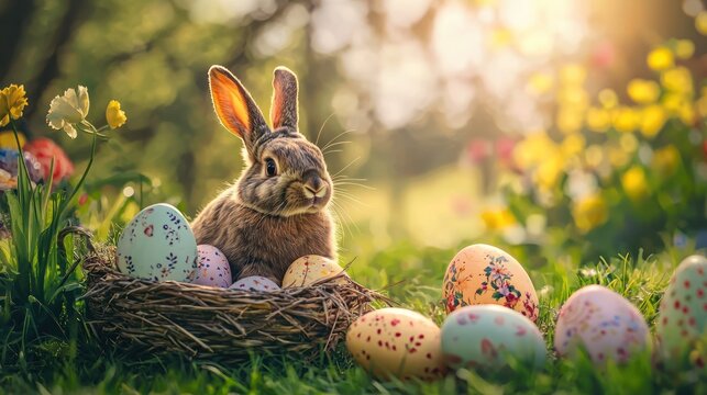 A brown rabbit sitting in a grassy field with colorful Easter eggs. - Powered by Adobe