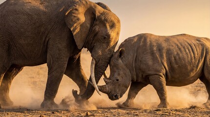 Elephant and Rhino's interaction: Capturing the powerful moment of an elephant and a rhino as they engage in a brief, close encounter in a dusty african land.
