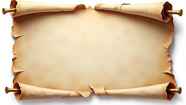 A weathered parchment scroll, unrolled and ready to display text or imagery, featuring golden rod accents and a textured, aged appearance suggestive of historical documents or artistic canvases