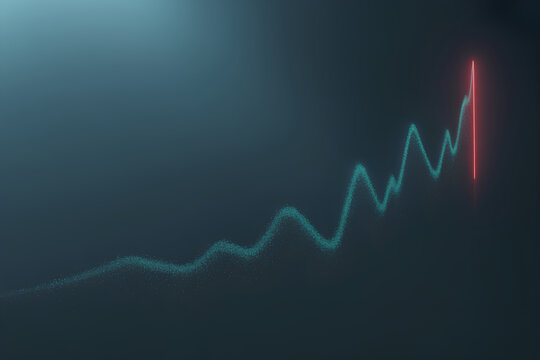 Calm teal particle financial uptrend with bright red risk spike on dark gradient background