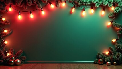Festive holiday garland border with glowing red string lights and evergreen branches framing a deep teal background, perfect for Christmas invitations, social media posts, or seasonal greetings