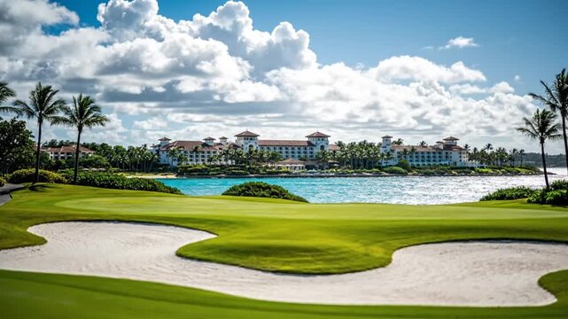 Scenic Golf Course Overlooking Ocean Resort Palm Trees and Blue Sky