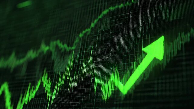 Green arrow of revenue growth graph on holographic display concept. Sales growth revenue graph holographic display cryptocurrency theme investment.