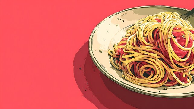 Artistic plate of spaghetti with red sauce and herbs. served with fork. isolated on a vibrant cora