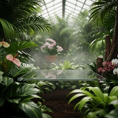 Fototapeta premium 3D Render of Glass Podium in Misty Tropical Greenhouse