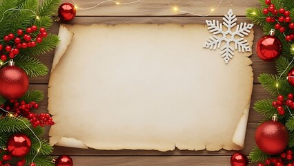Rustic Christmas background featuring a blank aged parchment scroll framed by green pine branches, red ornaments, and glowing fairy lights