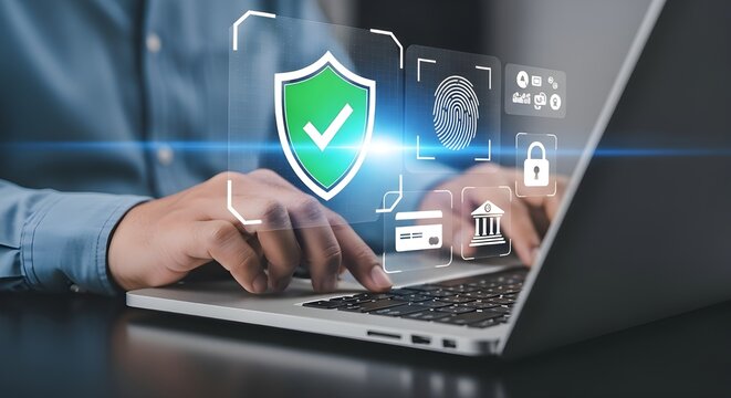 Man using laptop with security shield and icons for online protection