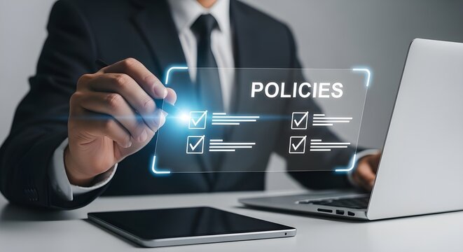 Businessman reviewing and selecting policies on a digital interface with laptop and tablet