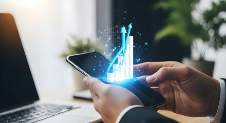 Businessman using smartphone with holographic chart for data analysis and business growth