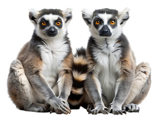 Two ring-tailed lemurs sitting side-by-side, facing forward with alert expressions, isolated on a clean background - madagascar primate wildlife