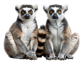 Two ring-tailed lemurs sitting side-by-side, facing forward with alert expressions, isolated on a clean background - madagascar primate wildlife