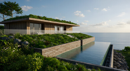 Obraz premium Stunning modern eco-friendly home with green roof and infinity pool overlooking the ocean paradise