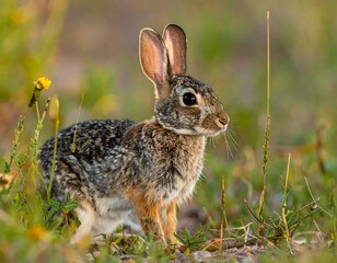 Fototapeta premium A wild cottontail rabbit surveys its surroundings among the tall green grass