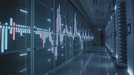 Dimly lit data center corridor with glowing LED graphs on server racks, reflecting on polished floor tiles, as a silhouetted person inspects equipment, creating a futuristic technology ambiance - Powered by Adobe