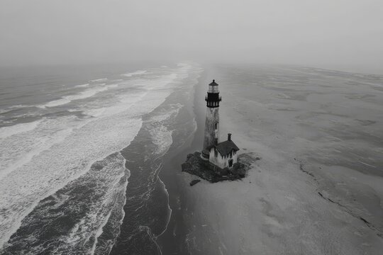 Aerial View Of Lighthouse On Misty Coast